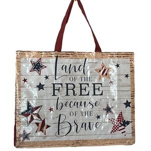 NWOT Juncture Reusable tote bag tan with patriotic stars and wording